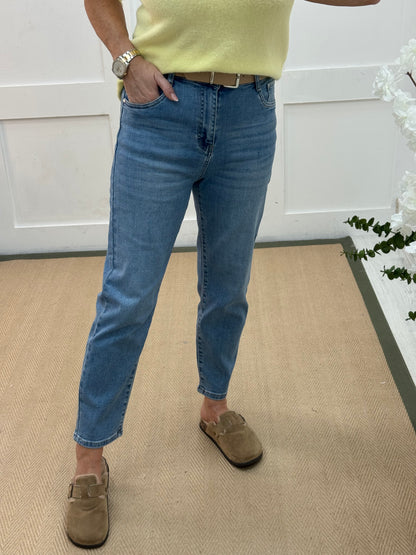 Devon: Light blue belted balloon jeans. Sizes: 8-16