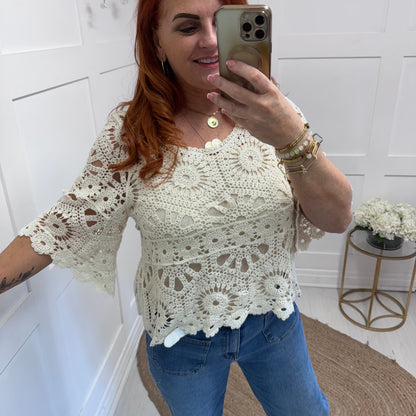 Ellie: Cream fluted arm crochet top & vest. One size: 10-16