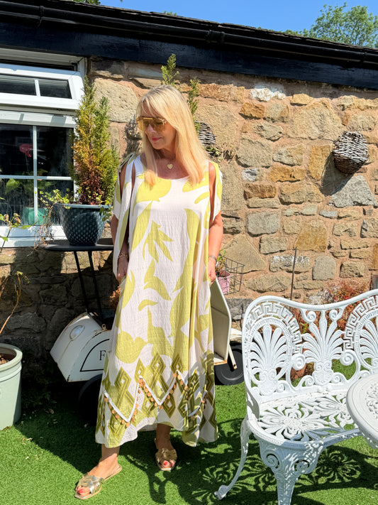 Mila: Leaf printed maxi dress with large rose gold disc detail. One size: 12-18. 2 colours