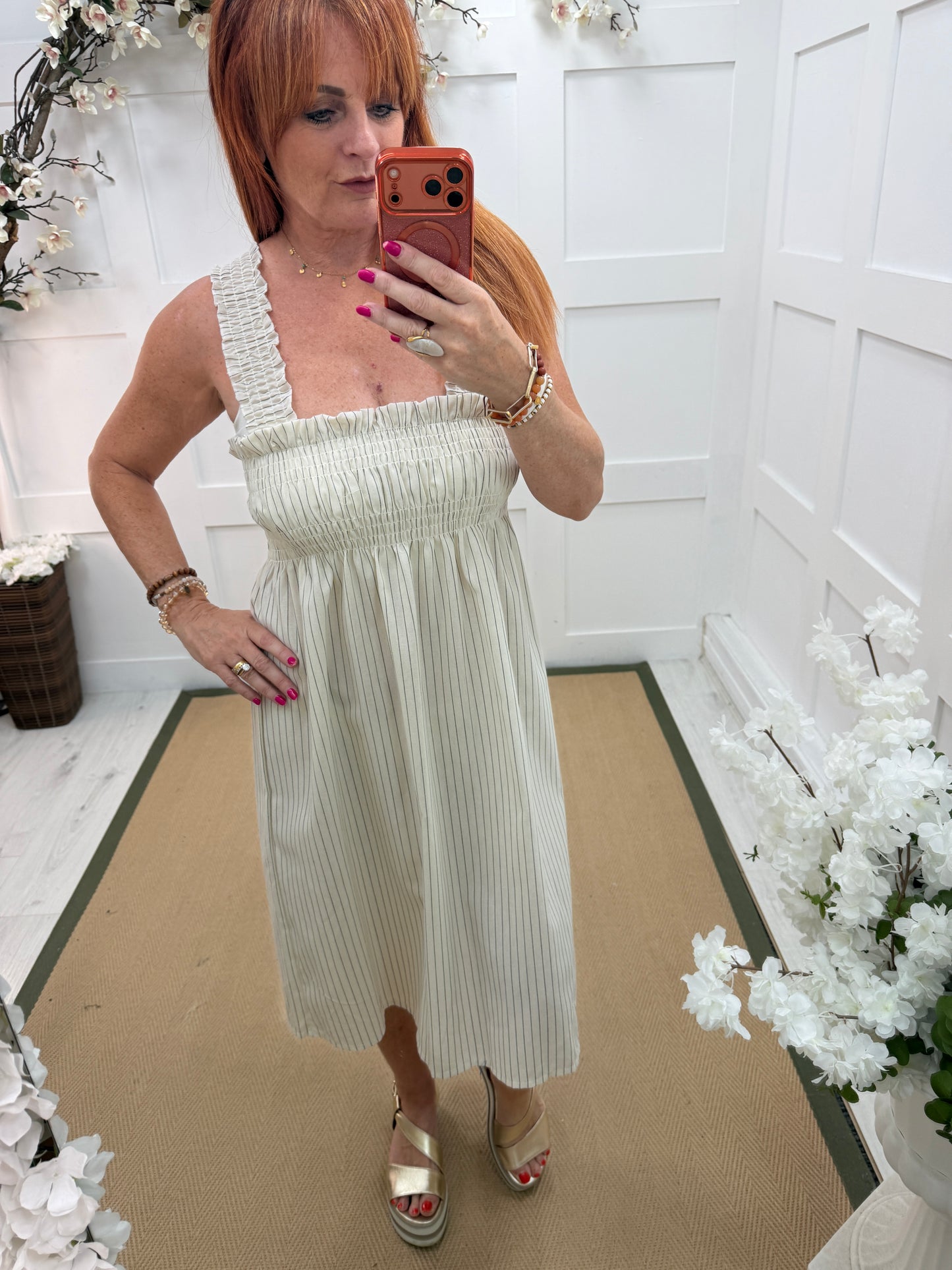 Zarah: Fine stripe strappy midi dress. One size 10-16. 4 colours