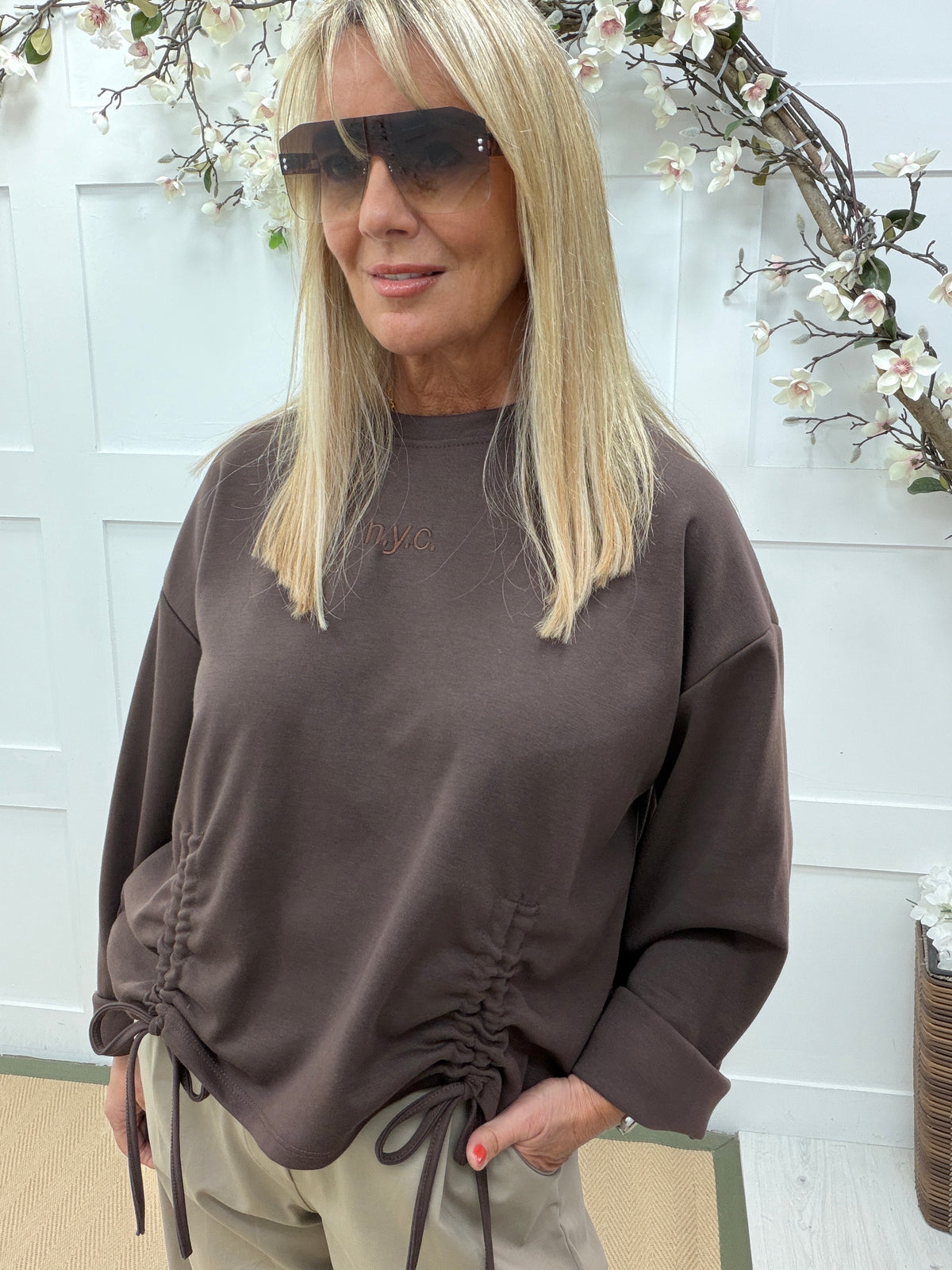 Nancy: NYC ruched sweatshirt. One size: 10-16. 3 colours