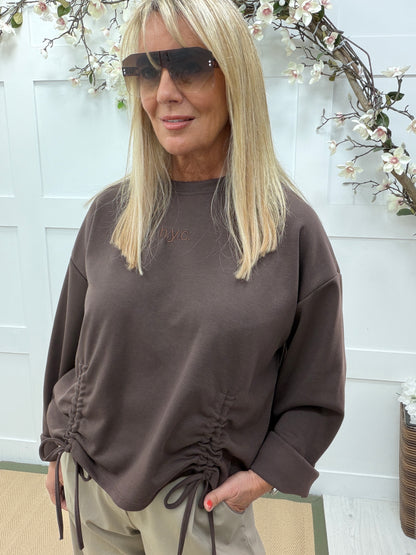 Nancy: NYC ruched sweatshirt. One size: 10-16. 3 colours