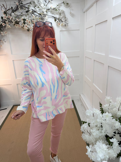 Lilia: Pink & blue zebra print long sleeve top. One size: 12-20