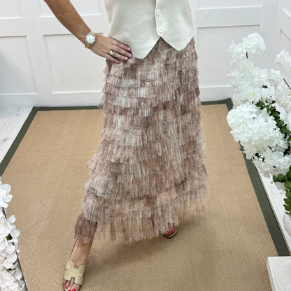 Tiffany: Tulle mocha net multi layer midi skirt. One size 8-16