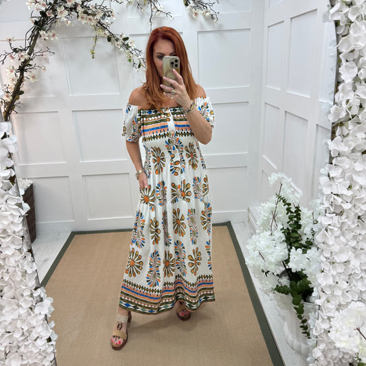 Scout: White & orange  print stretchy maxi dress. One size: 10-20