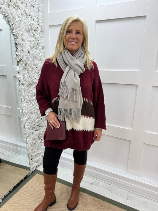 Wren: Burgundy V neck long stripe jumper. One size 14-20