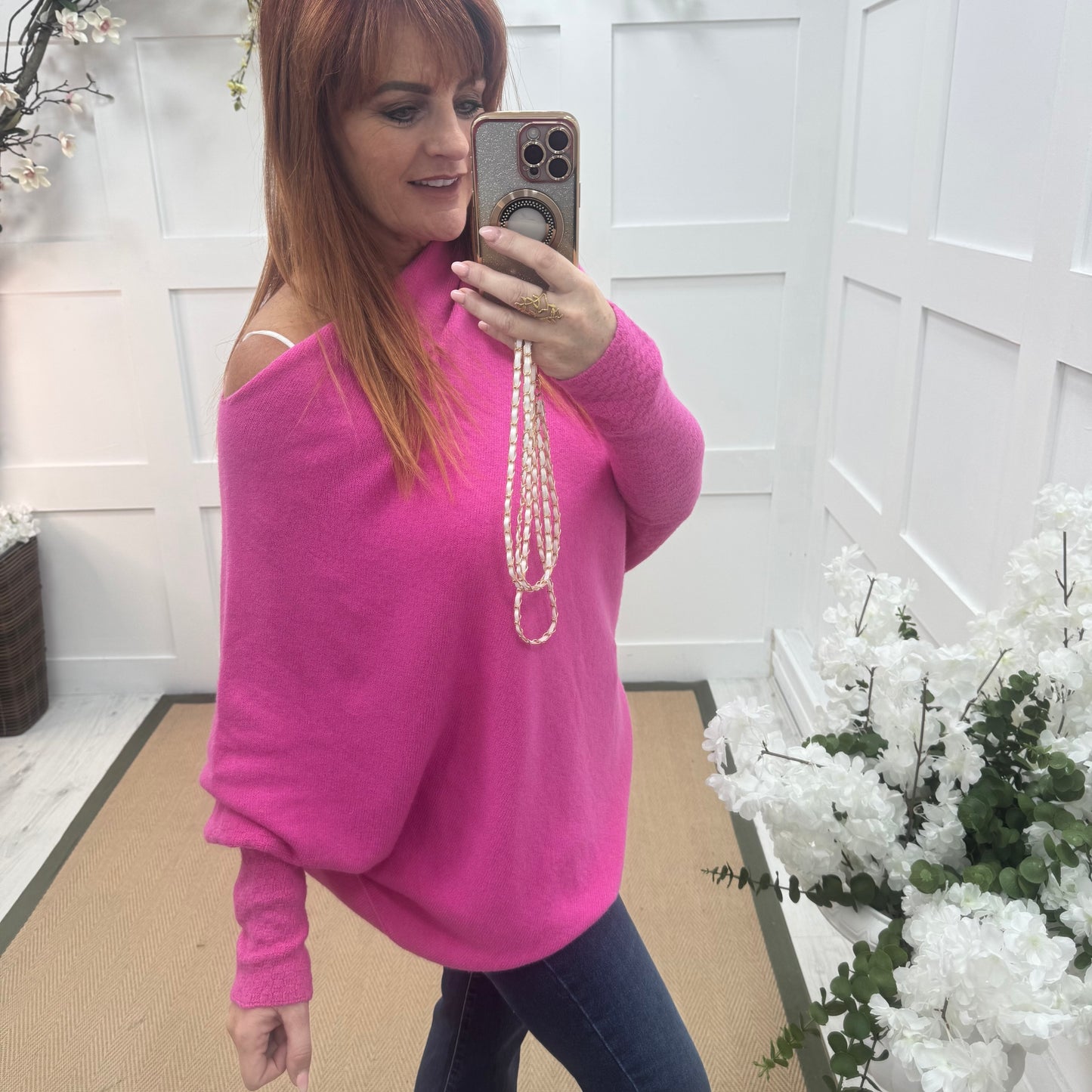 Erica: Fuchsia pink asymmetrical slouch soft knit top. One size 10-18