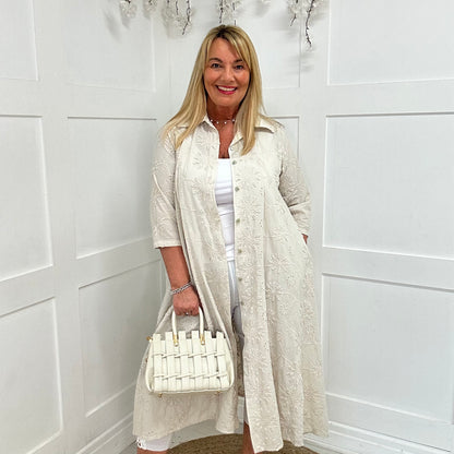 Adele: Cream embroidered pocket shirt dress. One size: 16-24
