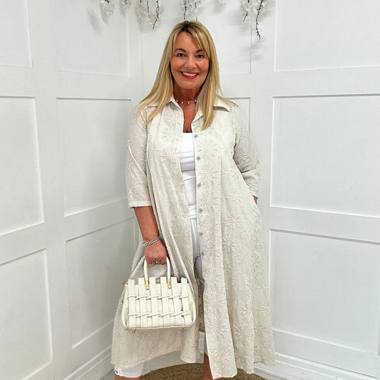 Adele: Cream embroidered pocket shirt dress. One size: 16-24