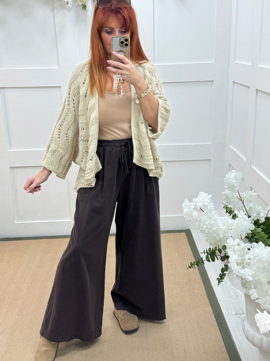 Lark: Brown needle cord wide trousers. One Size: 8-16