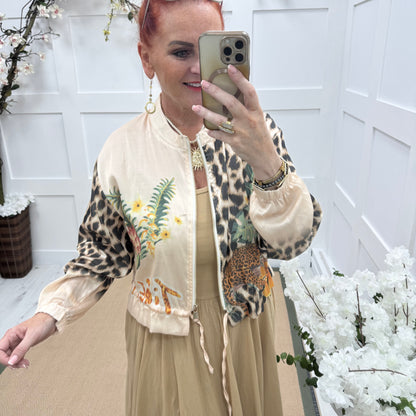 Boo: Silky tropical & leopard print bomber jacket. One size: 10-18