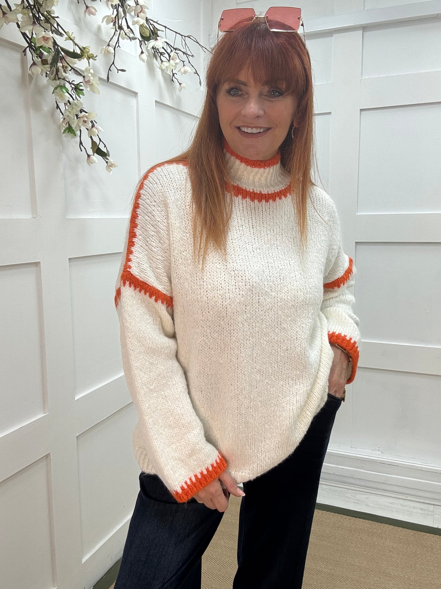 Sonia: White & orange slouchy jumper. One size 14-18