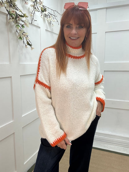 Sonia: White & orange slouchy jumper. One size 14-18