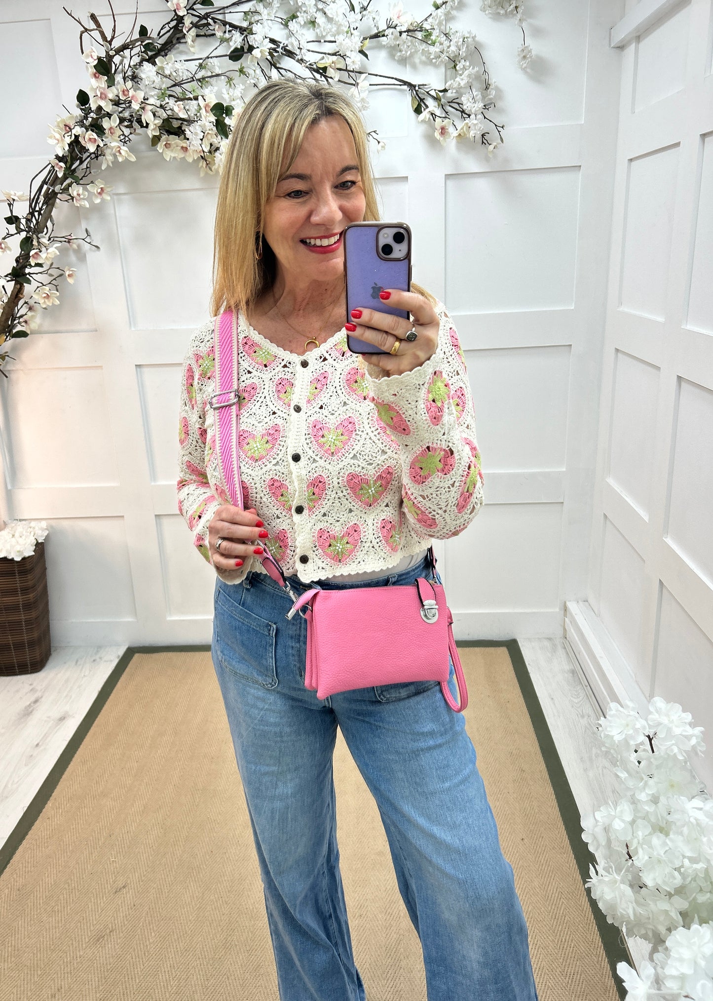 Gracie: Pink and cream heart crochet cardigan top. 2 sizes.