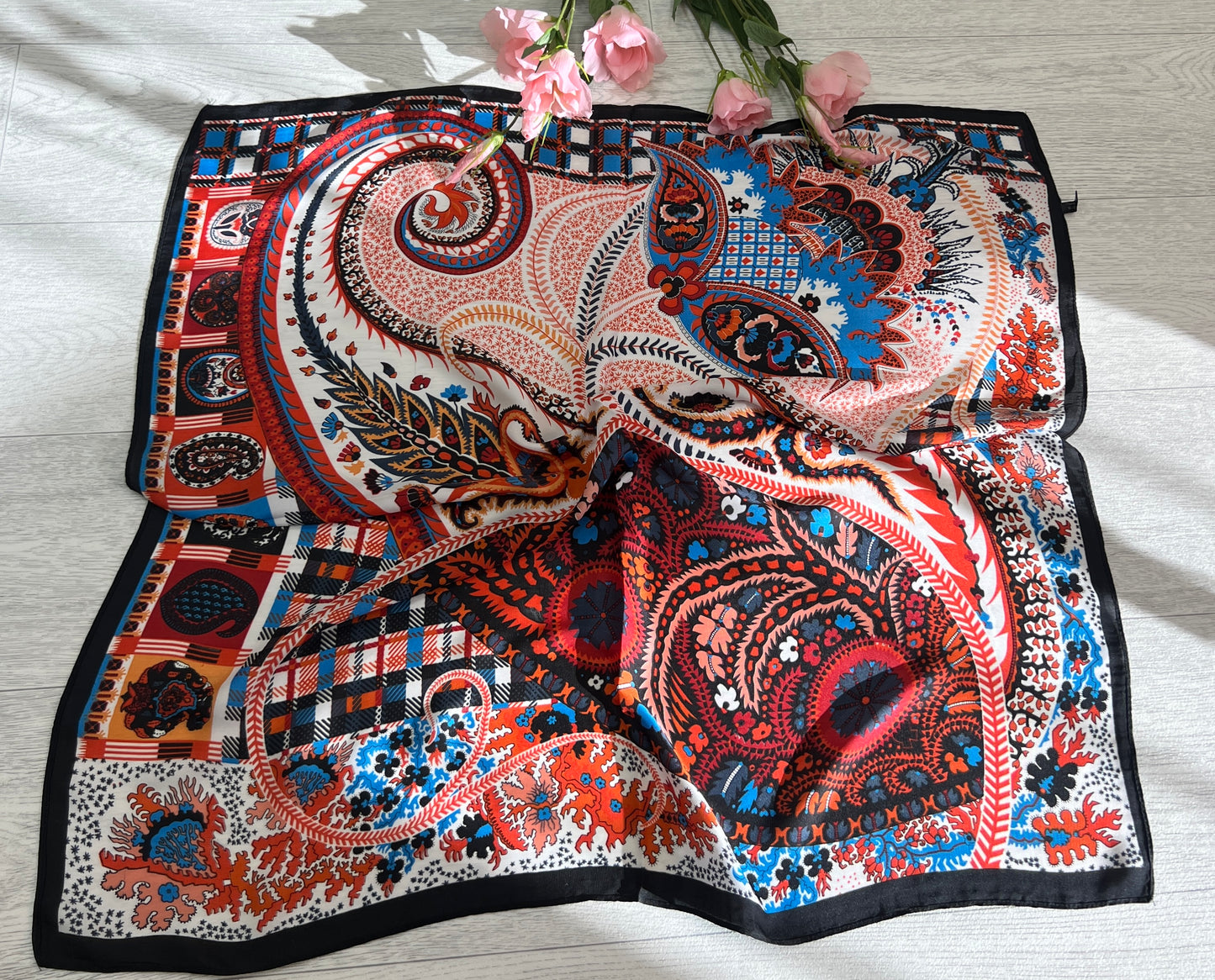 Rebel: Red & black paisley printed silky neck scarf