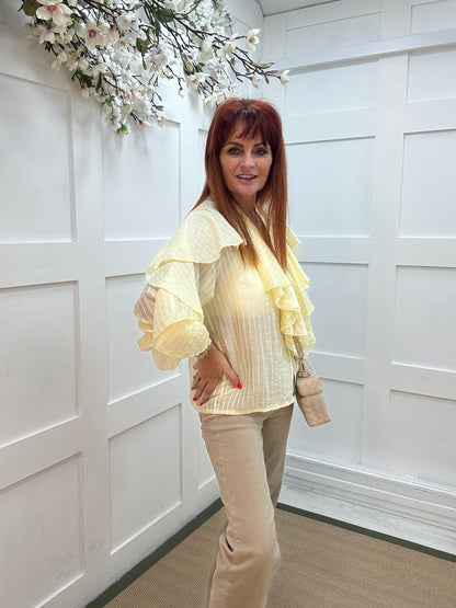 Raye: Lemon striped ruffle blouse. One size 10-14
