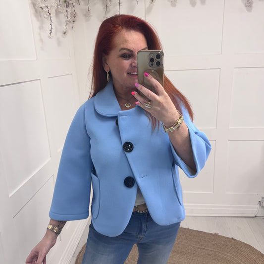 Margot: Blue short large button jacket. One size: 10-16