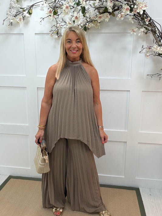 Cora: Pleated halter neck top & trouser set. One size: 12-16. 3 colours
