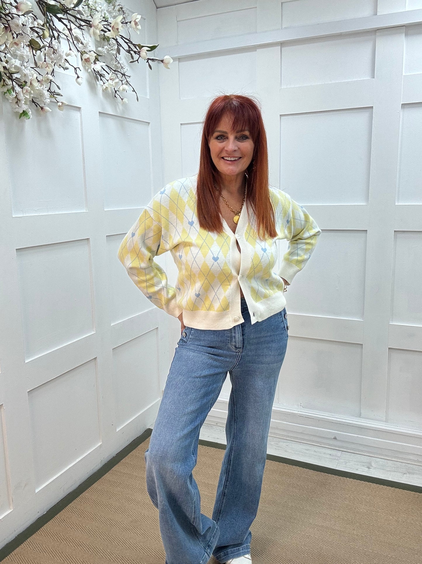 Poppy: Lemon heart argyle knit cardigan top. One size: 10-14