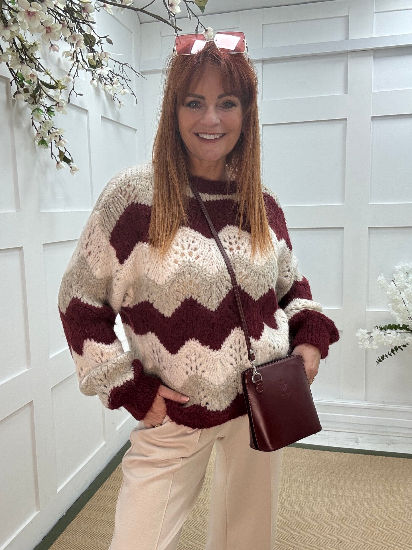 Zandra: Burgundy zigzag knit jumper. One size 12-20