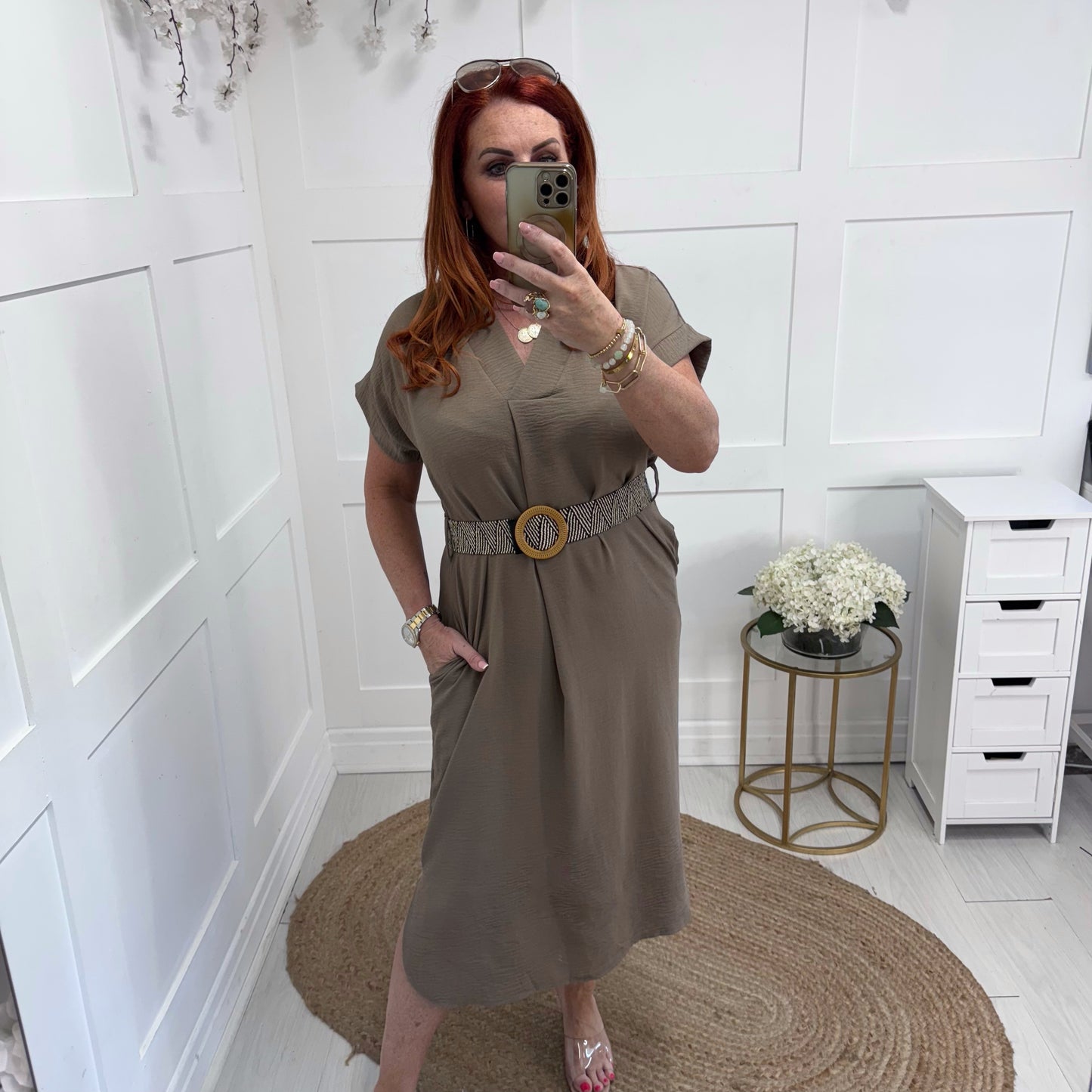 Azora: Mocha V neck belted midi dress. One size 10-18