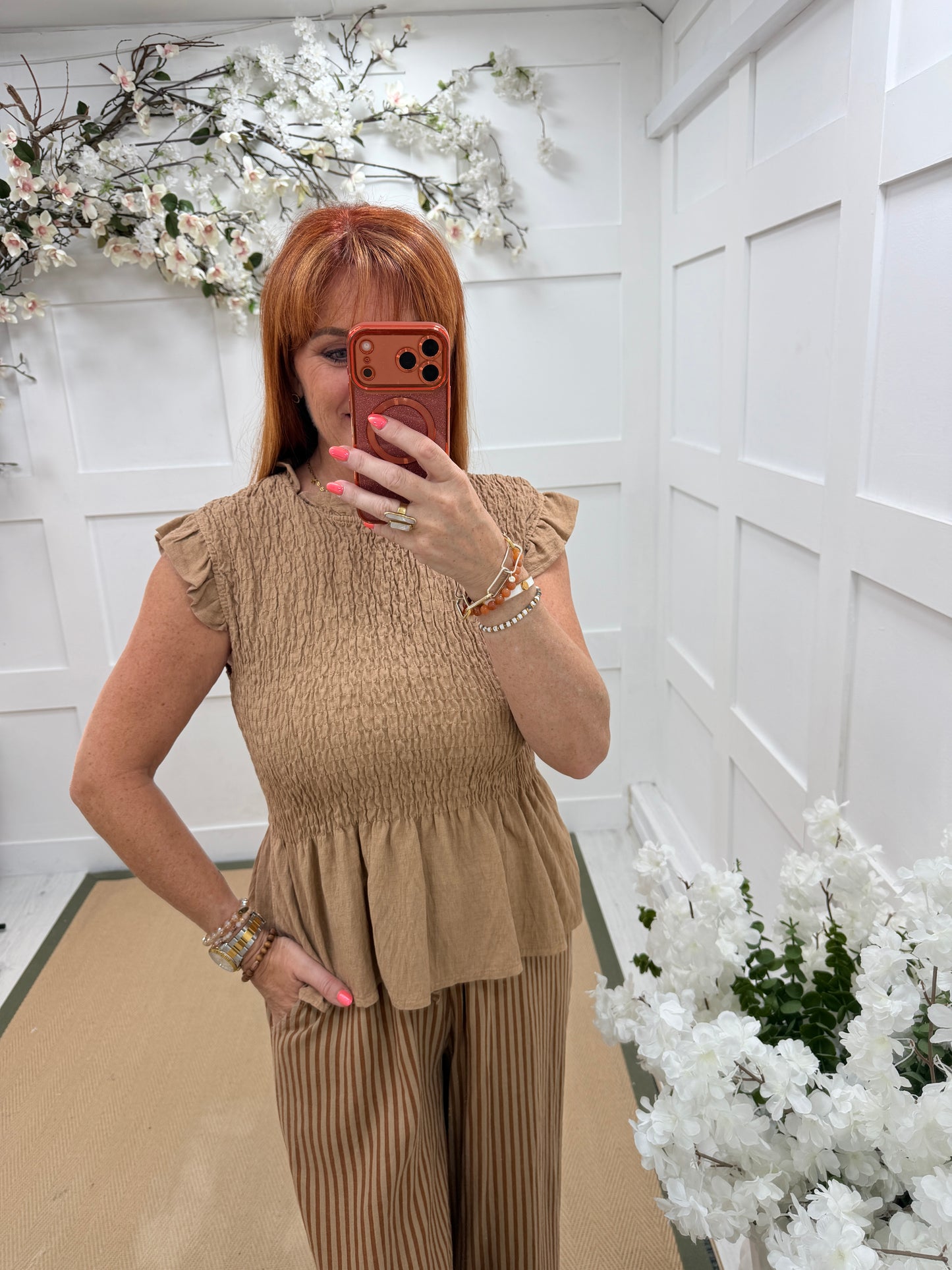 Farron: Frill sleeve shirred top. One size: 10-16. 5 colours