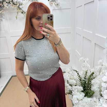 Noelle: Grey stretchy knit rhinestone top. 2 sizes