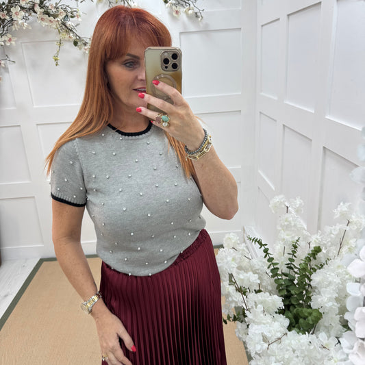 Noelle: Grey stretchy knit rhinestone top. 2 sizes