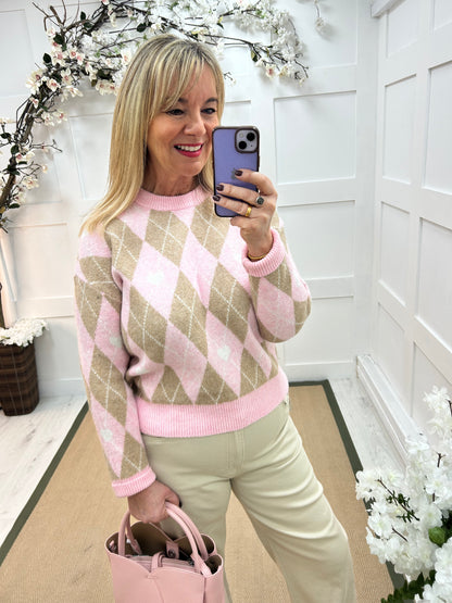 Allana: Beige & pink argyle knit top. One size: 10-18