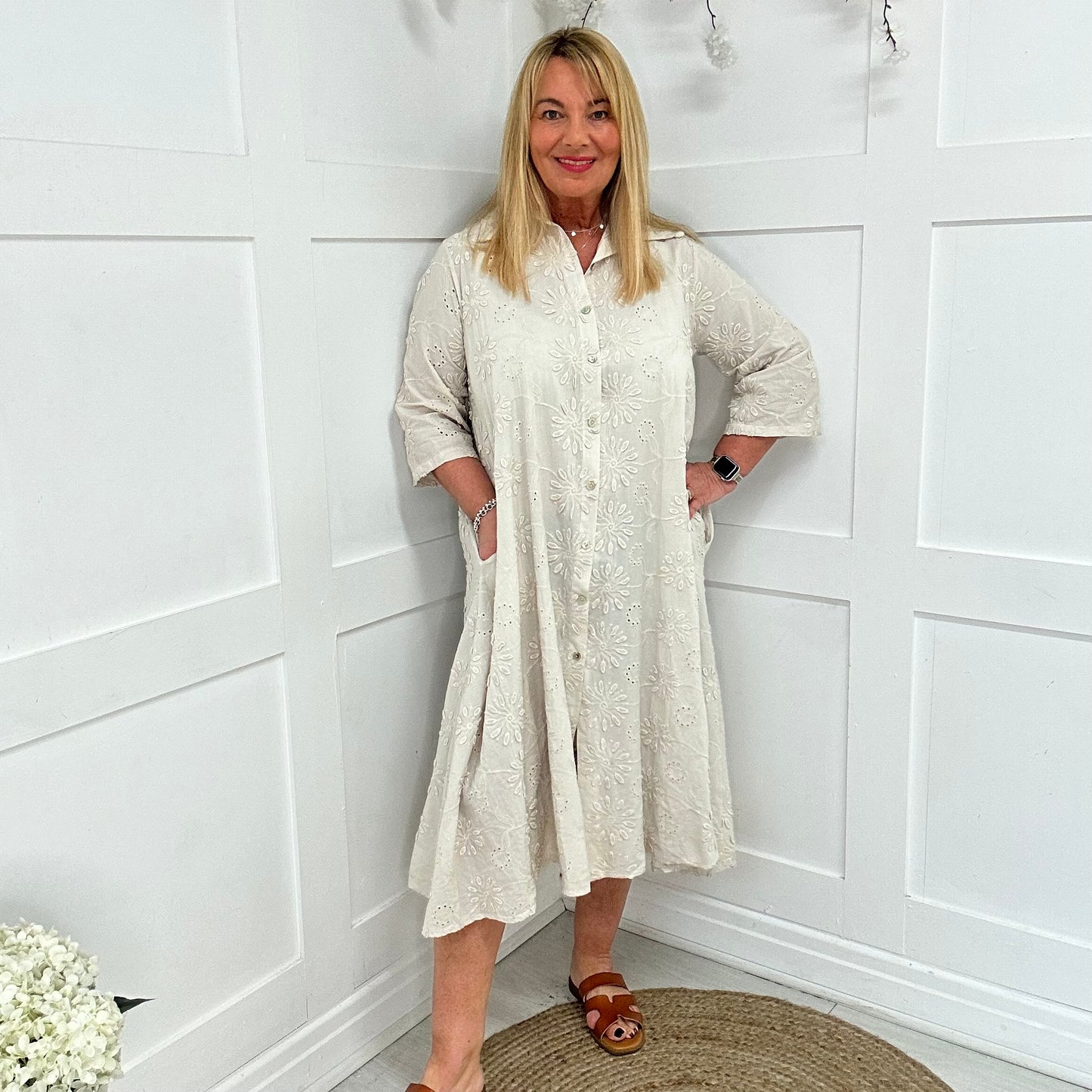 Adele: Cream embroidered pocket shirt dress. One size: 16-24