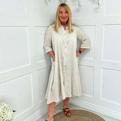 Adele: Cream embroidered pocket shirt dress. One size: 16-24
