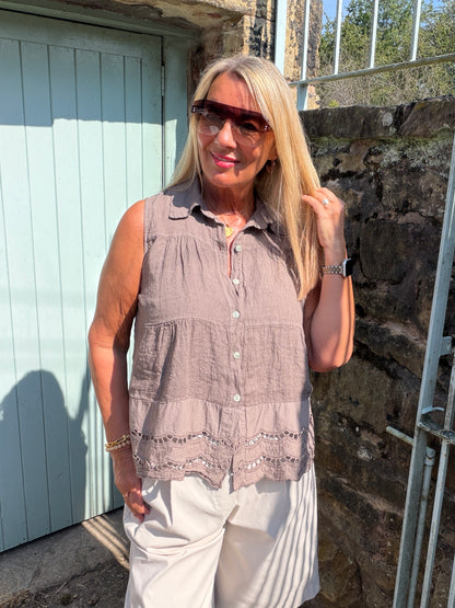 Rosa: Linen embroidered shirt top. One size: 12-16. 4 colours