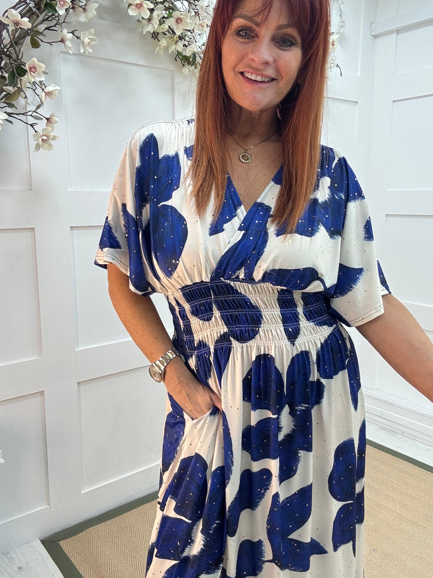 Eva: Stretchy blue & white leaf maxi dress. One size 12-22