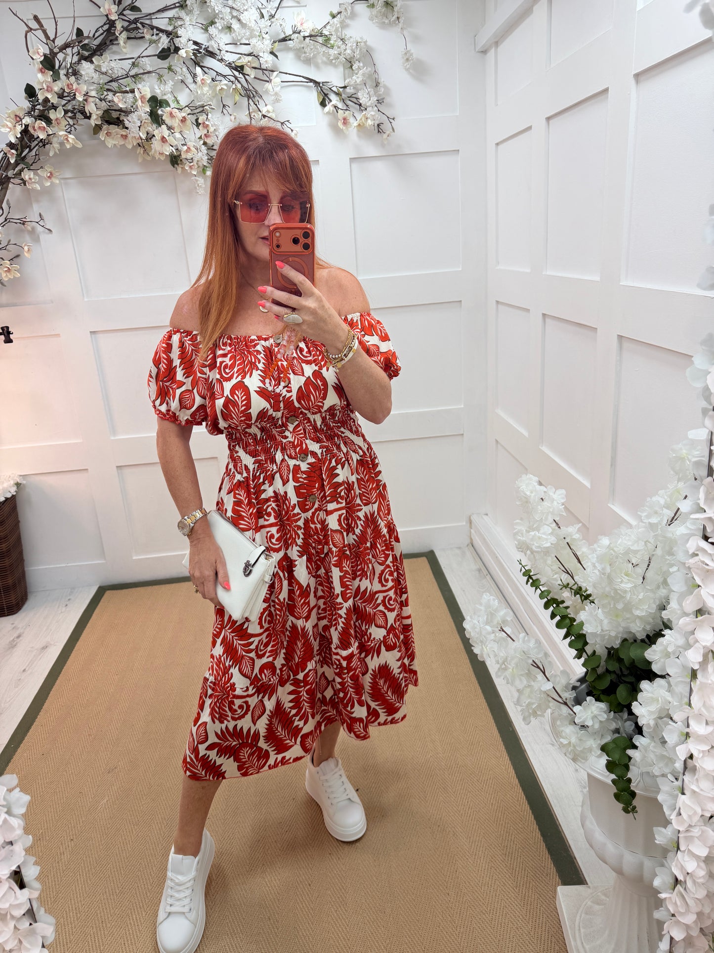 Vanessa: Bardot printed stretchy midi dress. One size: 10-18. 3 colours