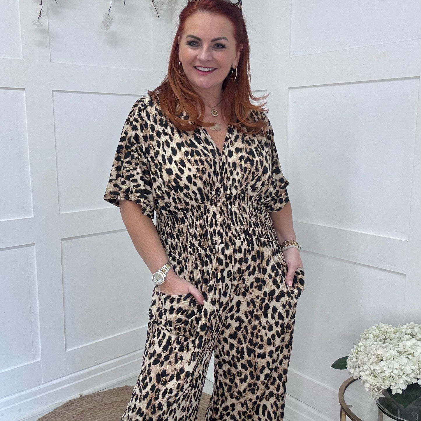 Maddie: Stretchy leopard print jumpsuit with pockets. One size: 12-20