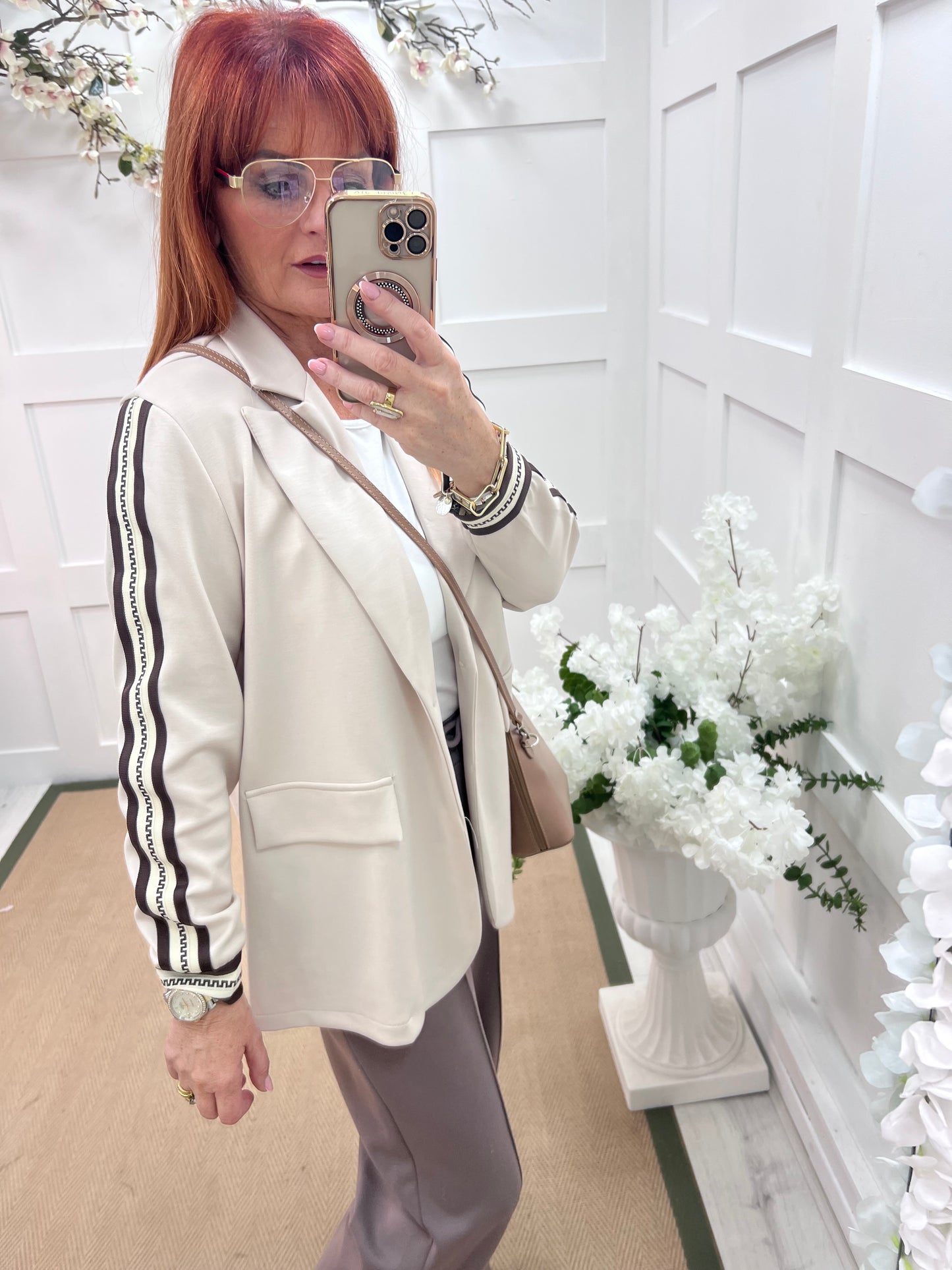 Ines: Cream sports stripe sleeve blazer. One size: 12-16