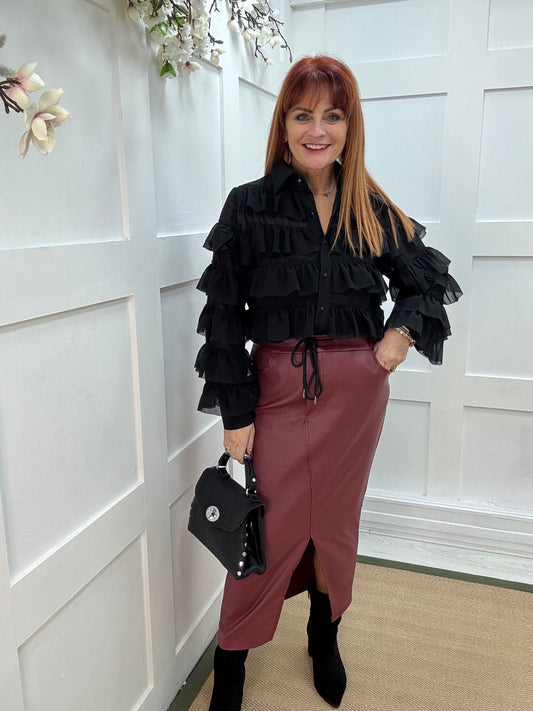 Jovana: Black ruffle blouse. 3 sizes
