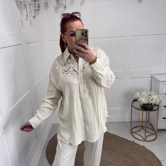 Skye: Cream oversized crochet shirt. One size: 16-20