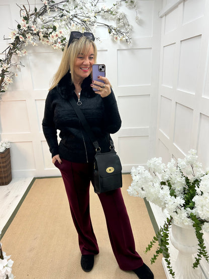 Freya: Black faux fur collared jacket . One size: 12-18