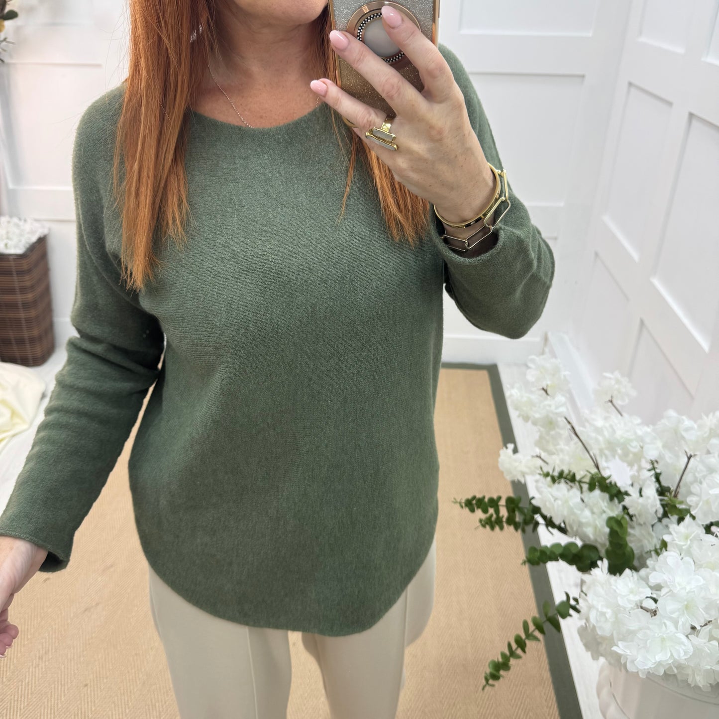 Mindy: Khaki plain long sleeve knit top. One size: 10-16/18