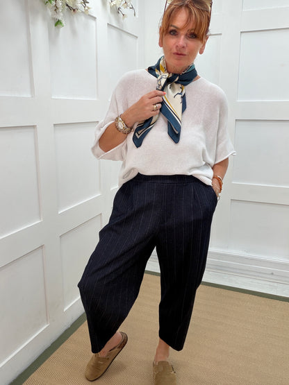 Roxy: Pinstripe barrel leg pocket trousers. One size: 10-18. 3 colours