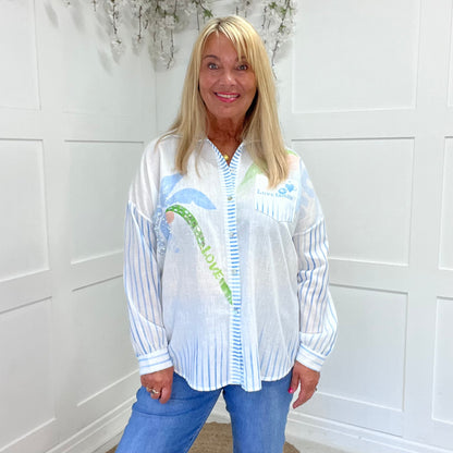 Stacie: Blue palm tree & script diamanté shirt. One size: 14-20