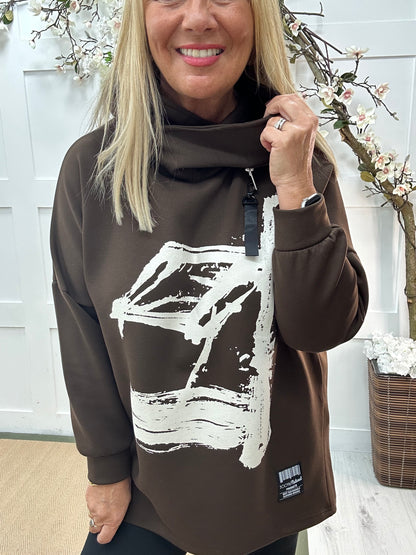 Harper: Brown oversized abstract hoodie. One size: 12-18/20