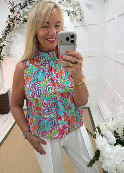 Kendall: Sleeveless high neck floral printed top. One Sz: 10- 18