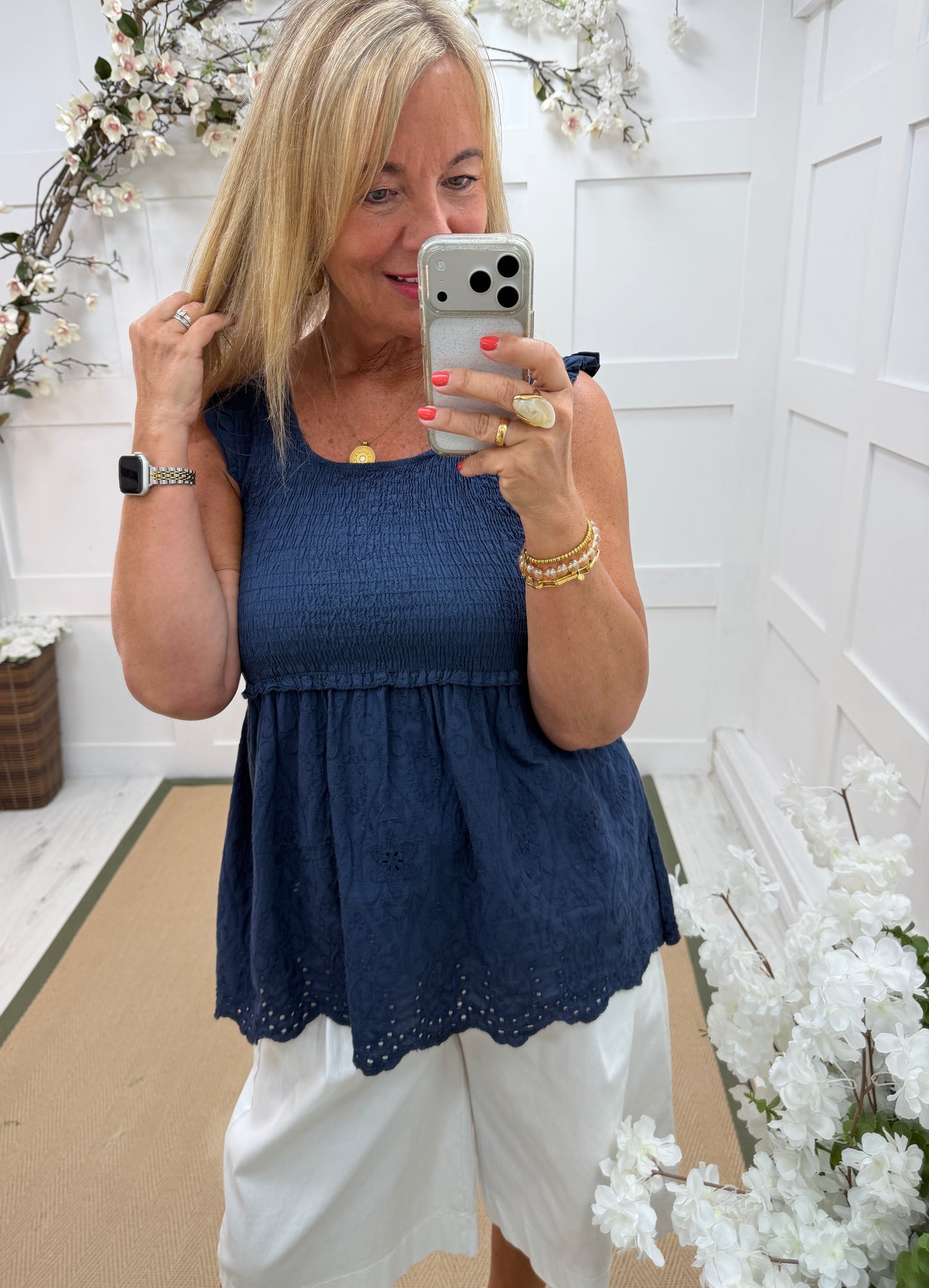 Fifi: Frill embroidered shirred top. One size: 8-14. 4 colours