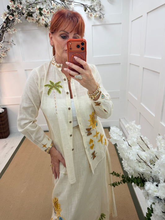 Toni: Cream bead & embroidered long sleeve shirt. One size 6-10