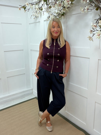 Mimi: Burgundy military knit waistcoat top. One size: 8-14