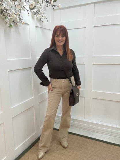 Bridie: Stone rope wide leg jeans. Sizes: 6-14