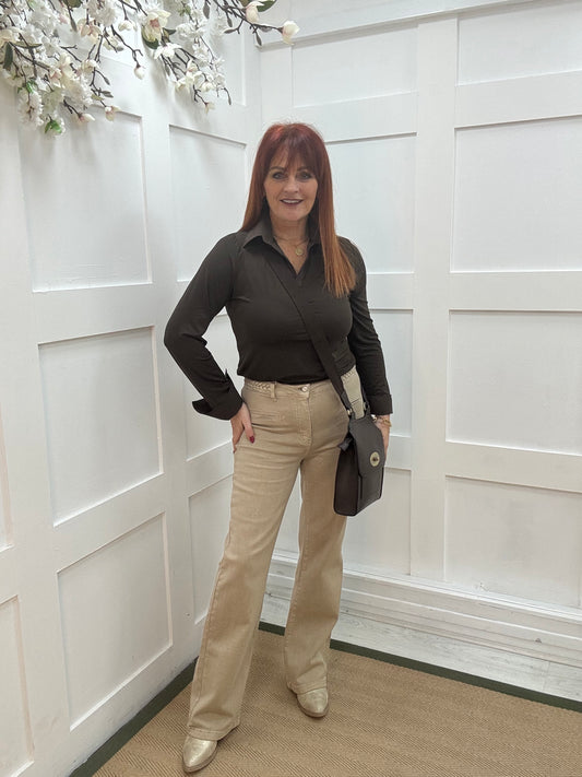 Bridie: Stone rope wide leg jeans. Sizes: 6-14