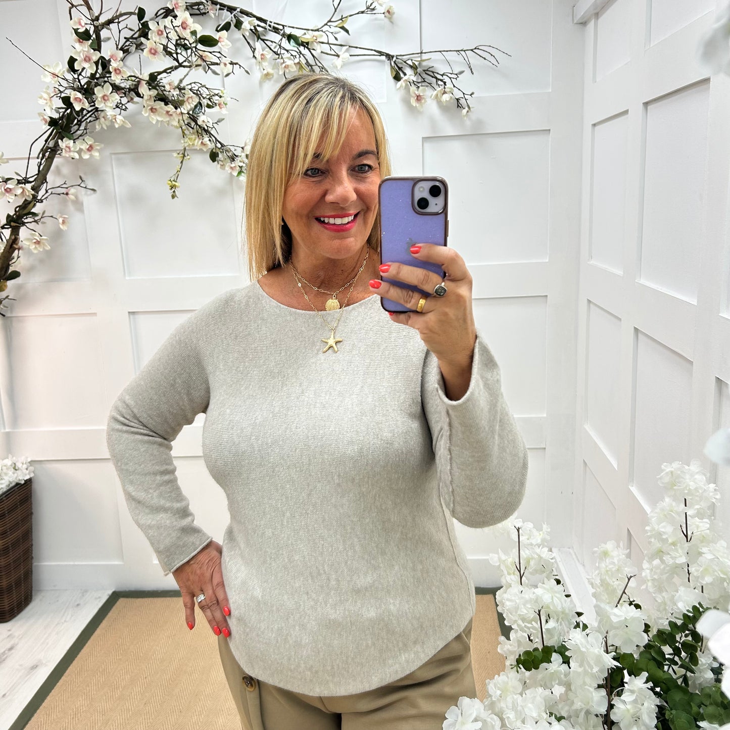 Mindy: Beige plain long sleeve knit top. One size: 10-16/18